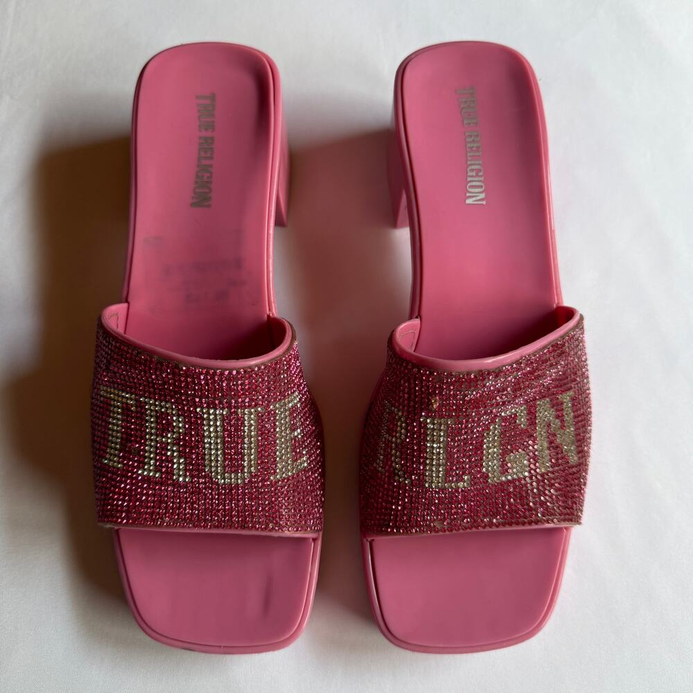 True Religion Pink Rhinestone Logo Block Heel Mules Size 9 Y2K McBling Rodeo